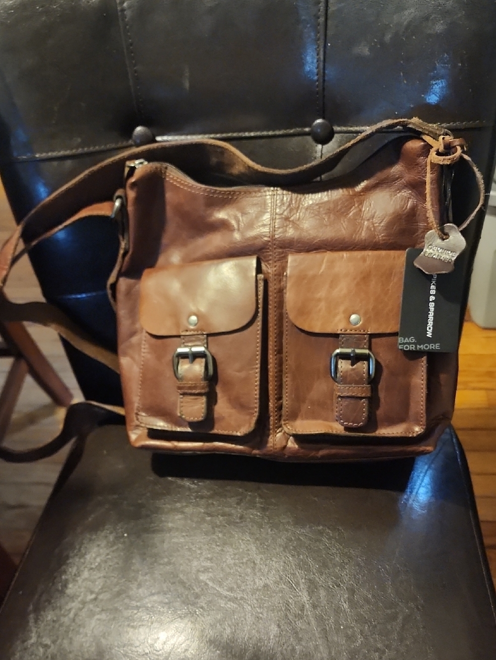 Men's Brown Leather Two-Pocket Crossbody Messenger Bag